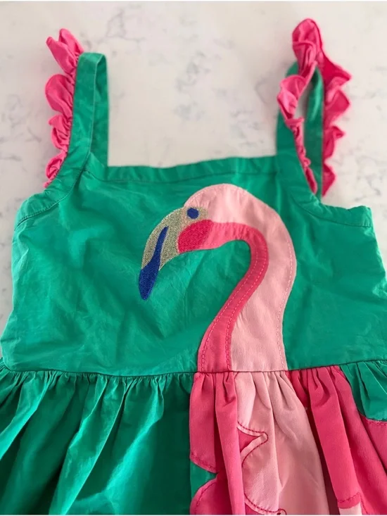 Mini Boden Girls Flamingo Appliqué Sundress — Green & Pink sz 7-8 - Picture 2 of 5